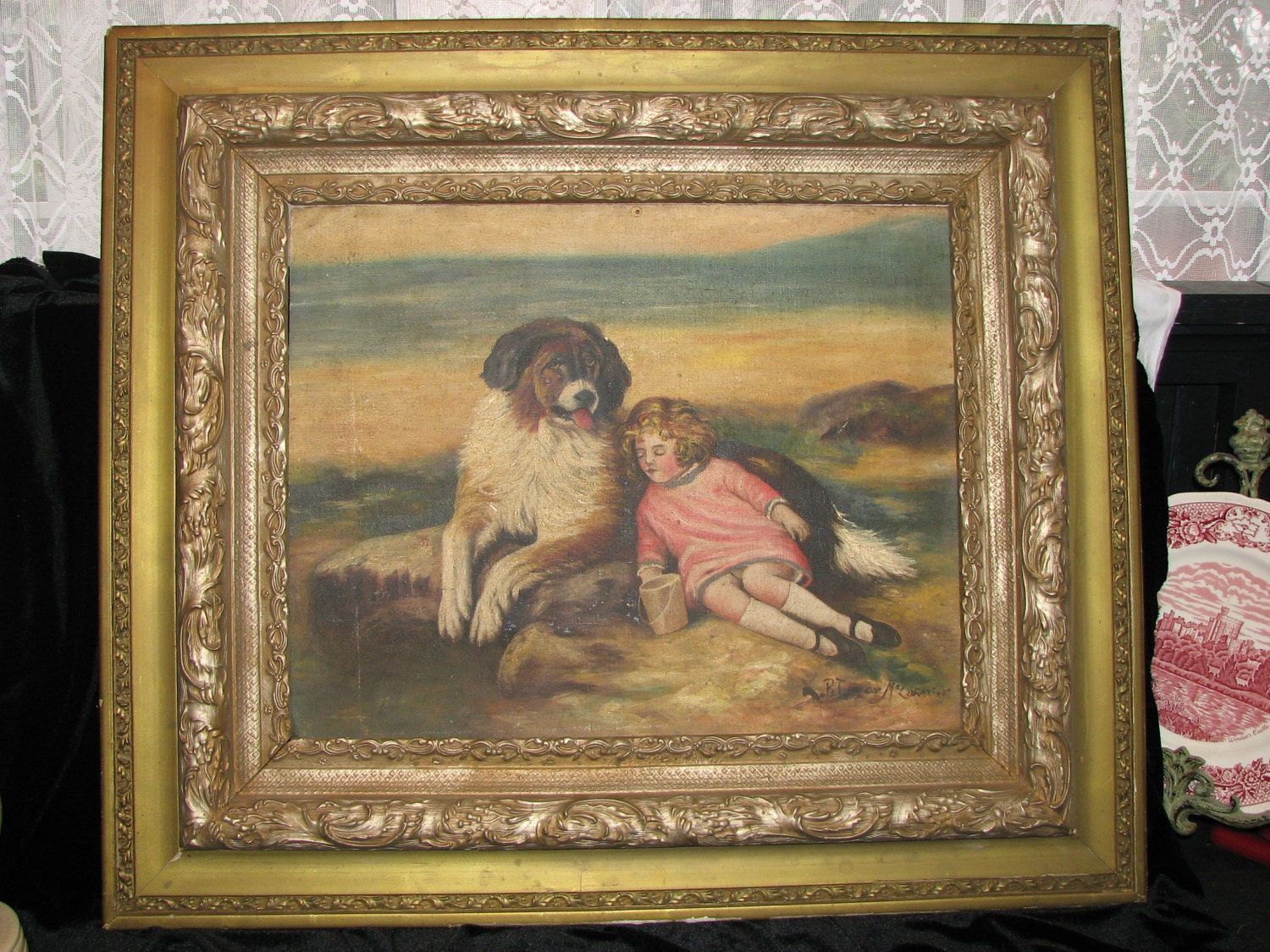Victorian Oil Painting Saint Bernard and Child In Ornate Frame