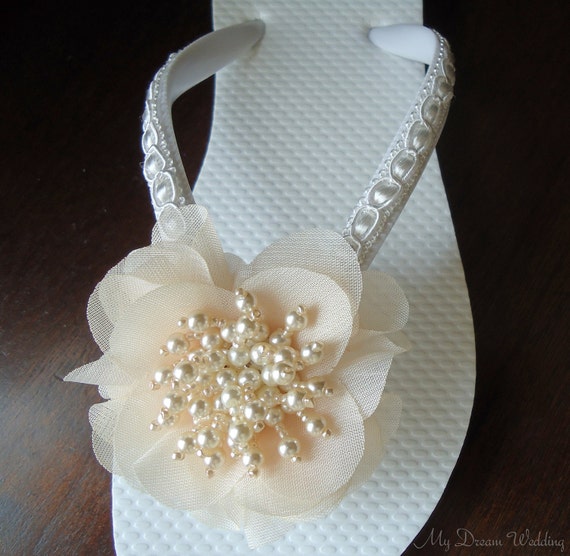 Ivory Flip Flops. Seed beads spray -Chiffon Flower flip flops. Wedding ...