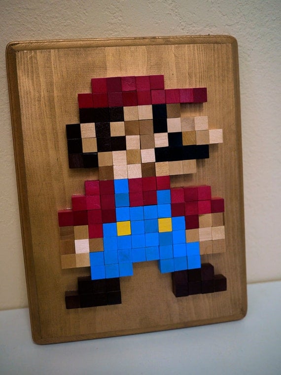 Nintendo Mario Stand 8-bit Wood Mosaic by 8BitMonkey on Etsy