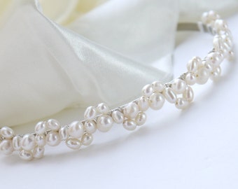 freshwater pearl headband ivory rice and round pearl silver tiara alice band headband lace design for bride, wedding