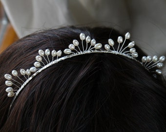 freshwater pearl tiara ivory rice pearl silver tiara alice band headband, fan crown design. for bride, wedding