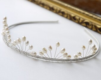 pearl wedding tiara freshwater ivory rice pearl silver tiara alice band headband, fan band design, for bride