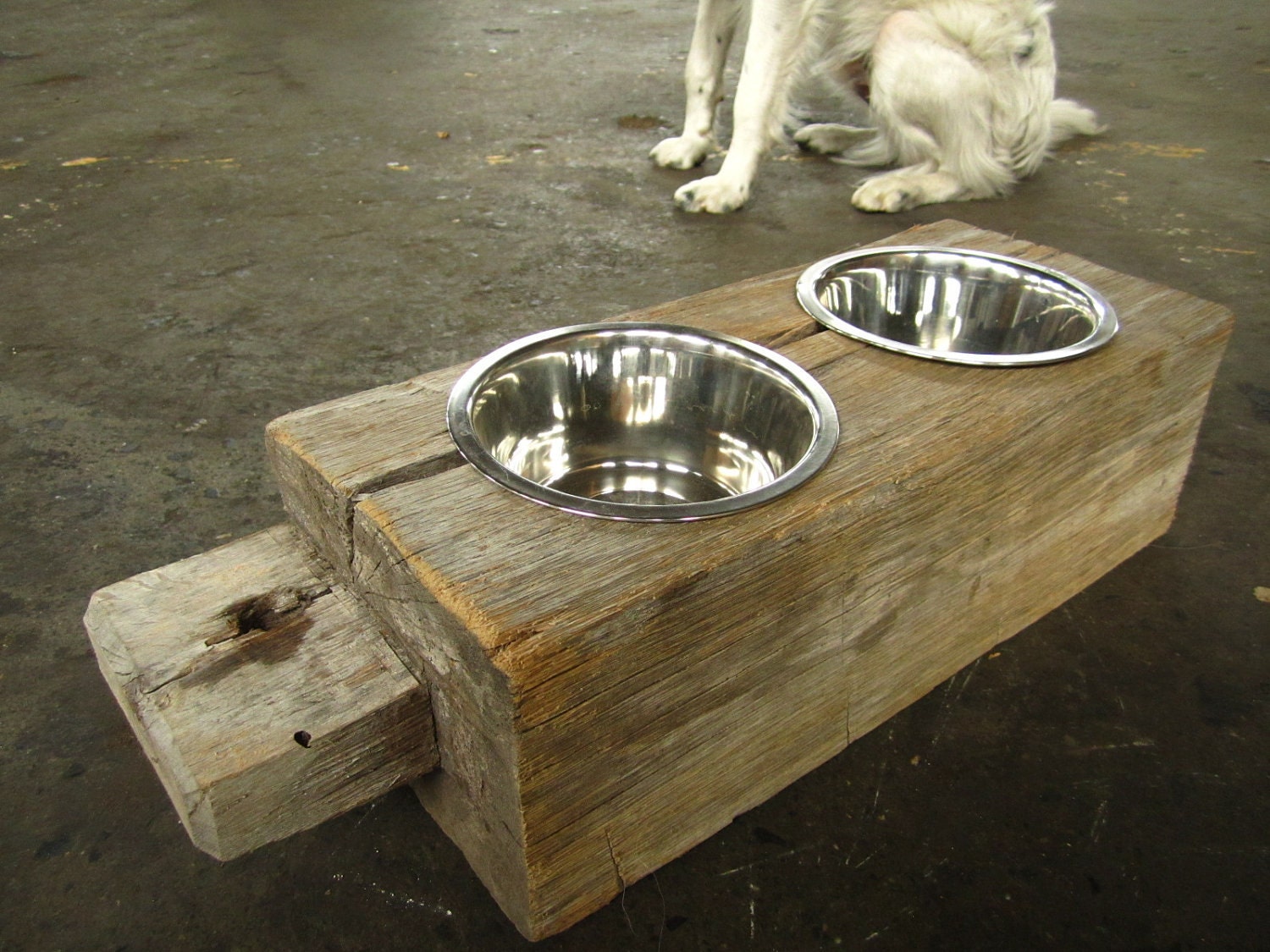 Wood Dog Dish Holder reclaimed oak barn beam