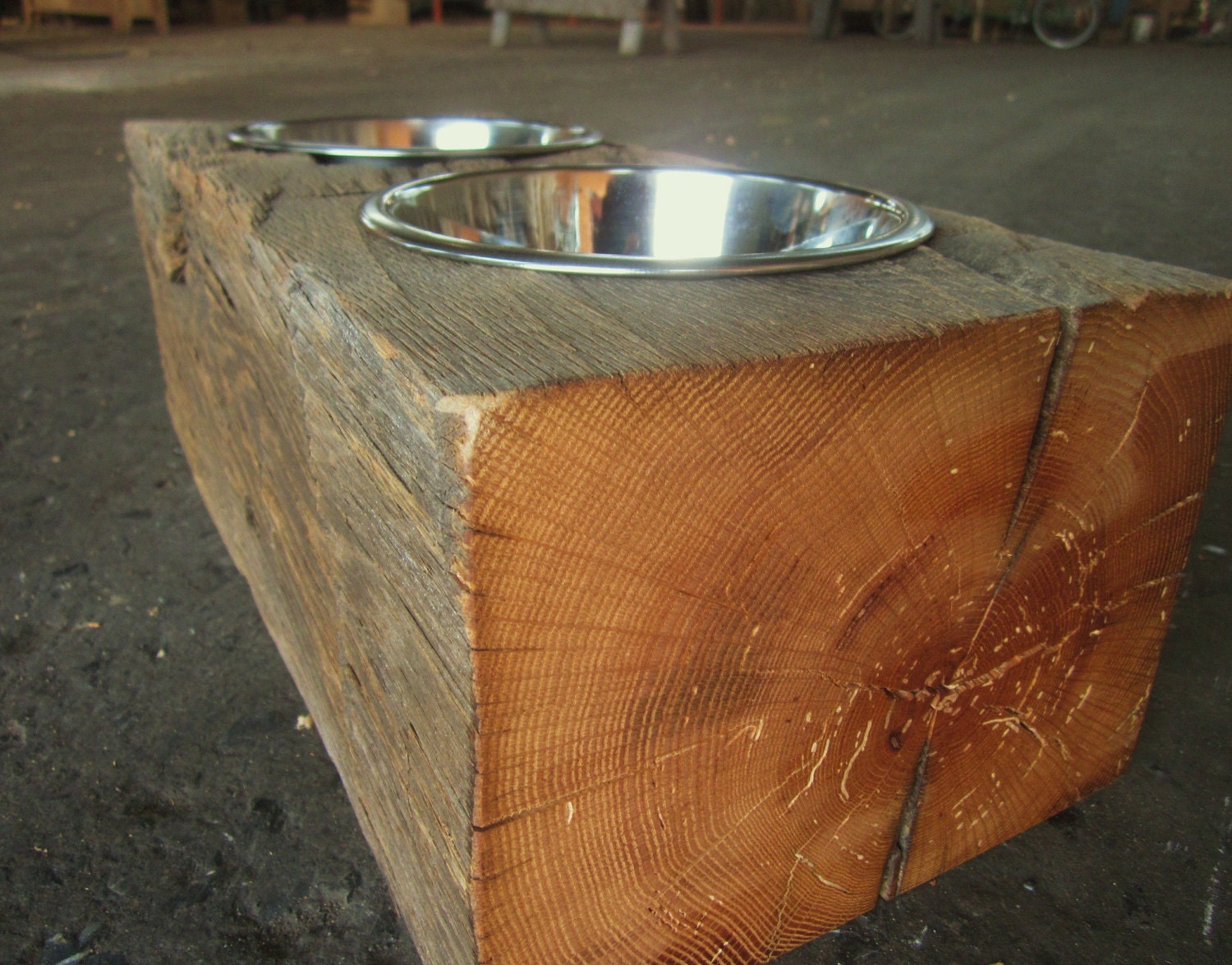 Wood Dog Dish Holder reclaimed oak barn beam 2 BOWL MEDIUM