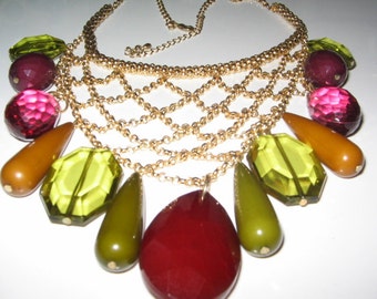 HUGE RUNWAY BIB Necklace Green Purple Lucite Mesh