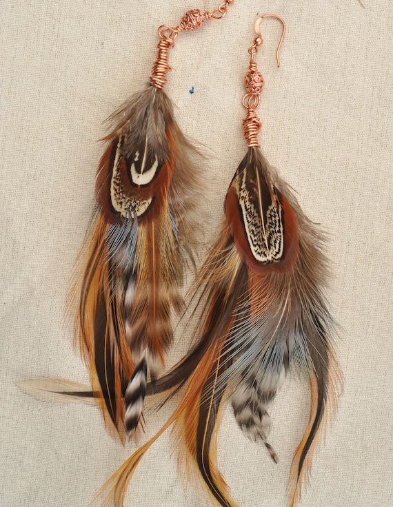 Long Feather Earrings Wire Wrapped Copper Beads by ladypancake