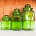 green glass kitchen canister set : vintage .. three