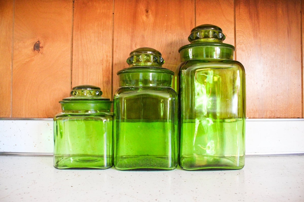 green glass kitchen  canister set  vintage three