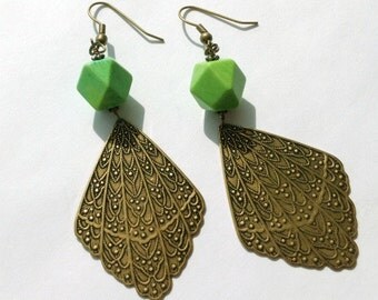 Lime Green Earrings - Brass Jewelry - Turquoise Gemstone Jewellery - Dangle - Summer Fashion - Nugget ER-116