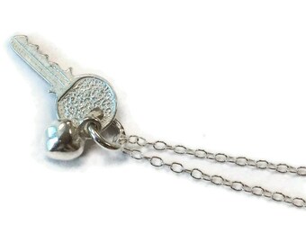 Key and Heart Charm Necklace Sterling Silver Jewelry Chain Jewellery Modern Simple Everyday Delicate Dainty Pendant N-280 N-281