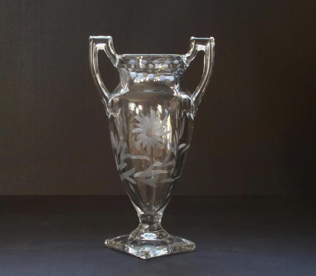 Crystal vase vintage glass urn etched glass.