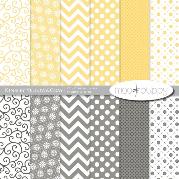 Items similar to Yellow&Gray Digital Scrapbooking Paper Pack Kinsley