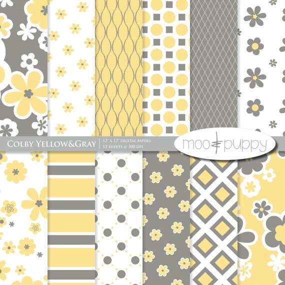 Items similar to Yellow and Gray Digital Scrapbook Paper Pack Colby