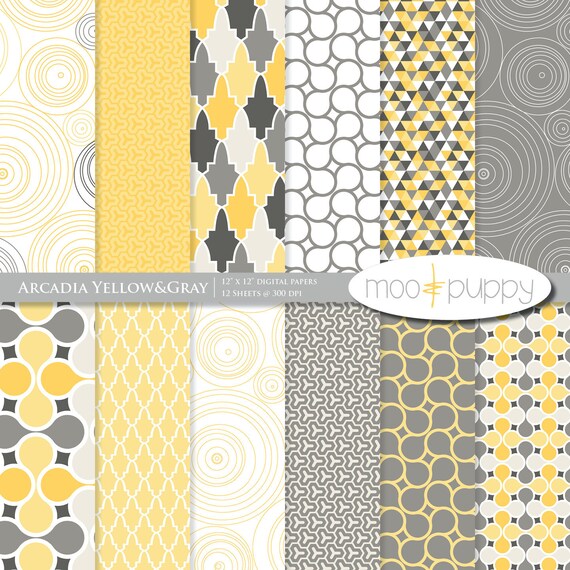 Items similar to Yellow and Gray Digital Scrapbook Paper Pack