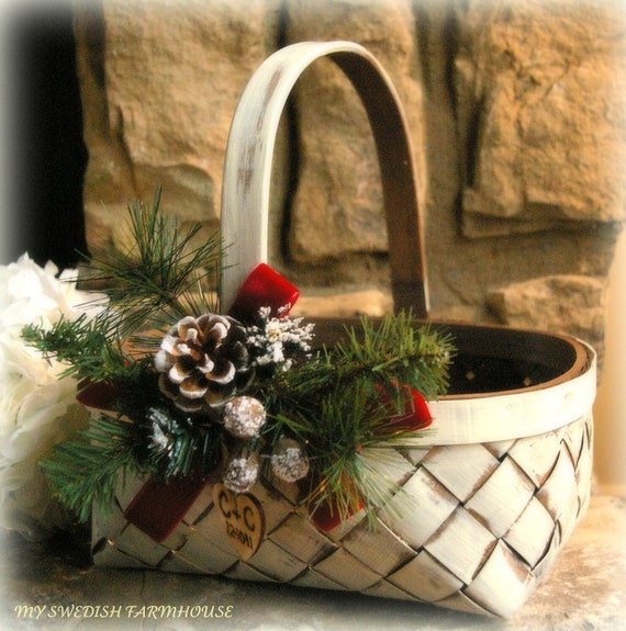 Flower Girl Basket Rustic Winter Christmas Wedding Decor Heart Charm Personalized