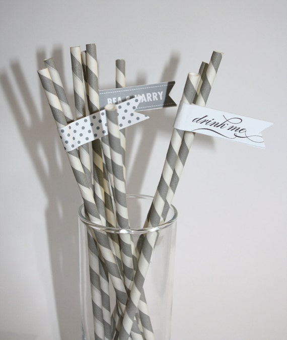 Items Similar To 25 Grey Striped Paper Straws With Free Print It