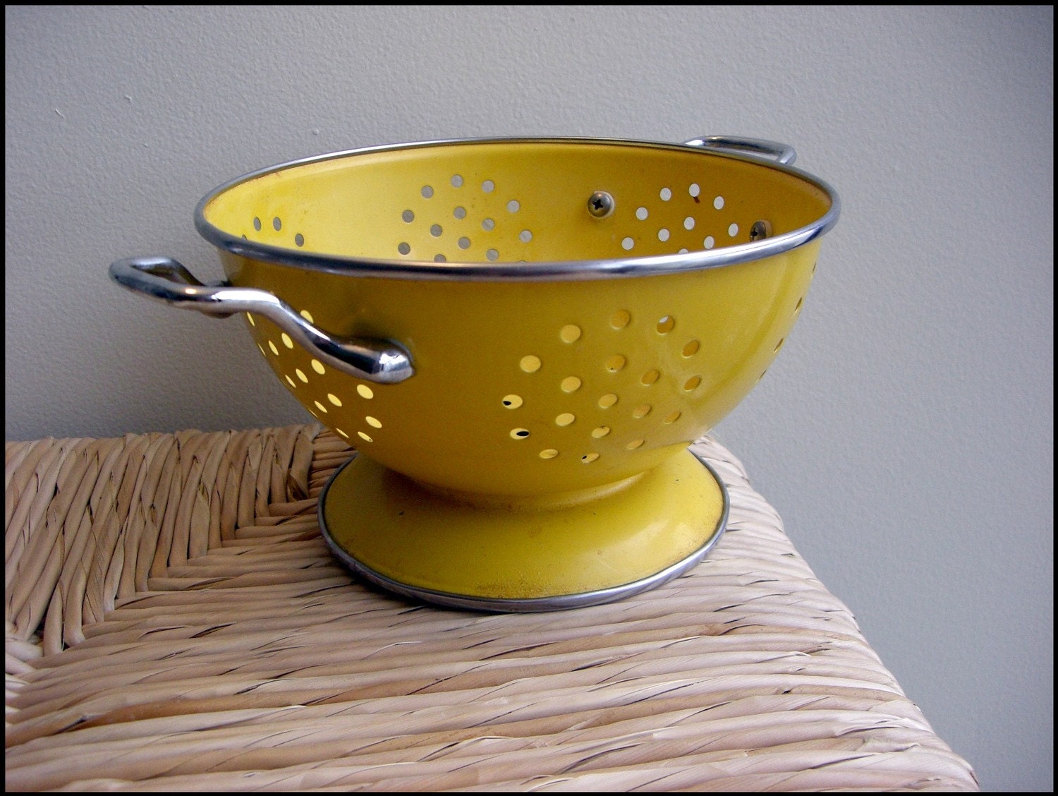 mustard yellow metal vintage colander by GlistenAndGlo on Etsy