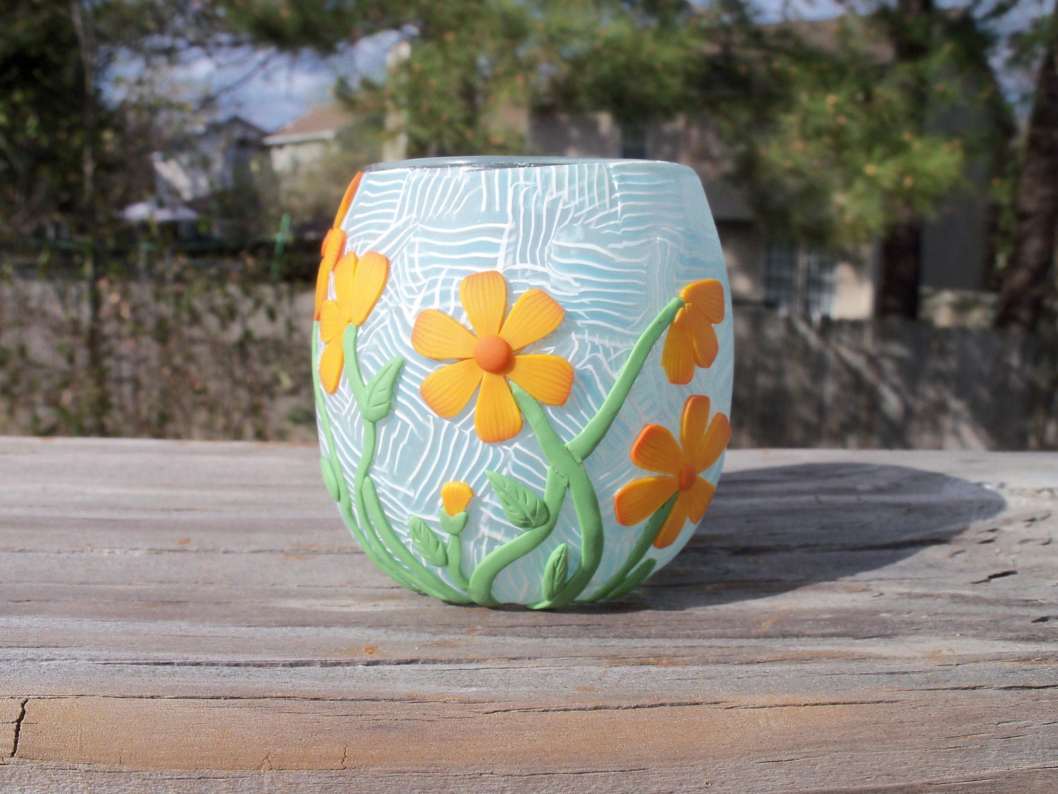 Votive Candle Holder polymer clay Summer Flowers