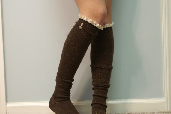 Brown heather tweed knee long lace boot by ForeverLaceBoutique