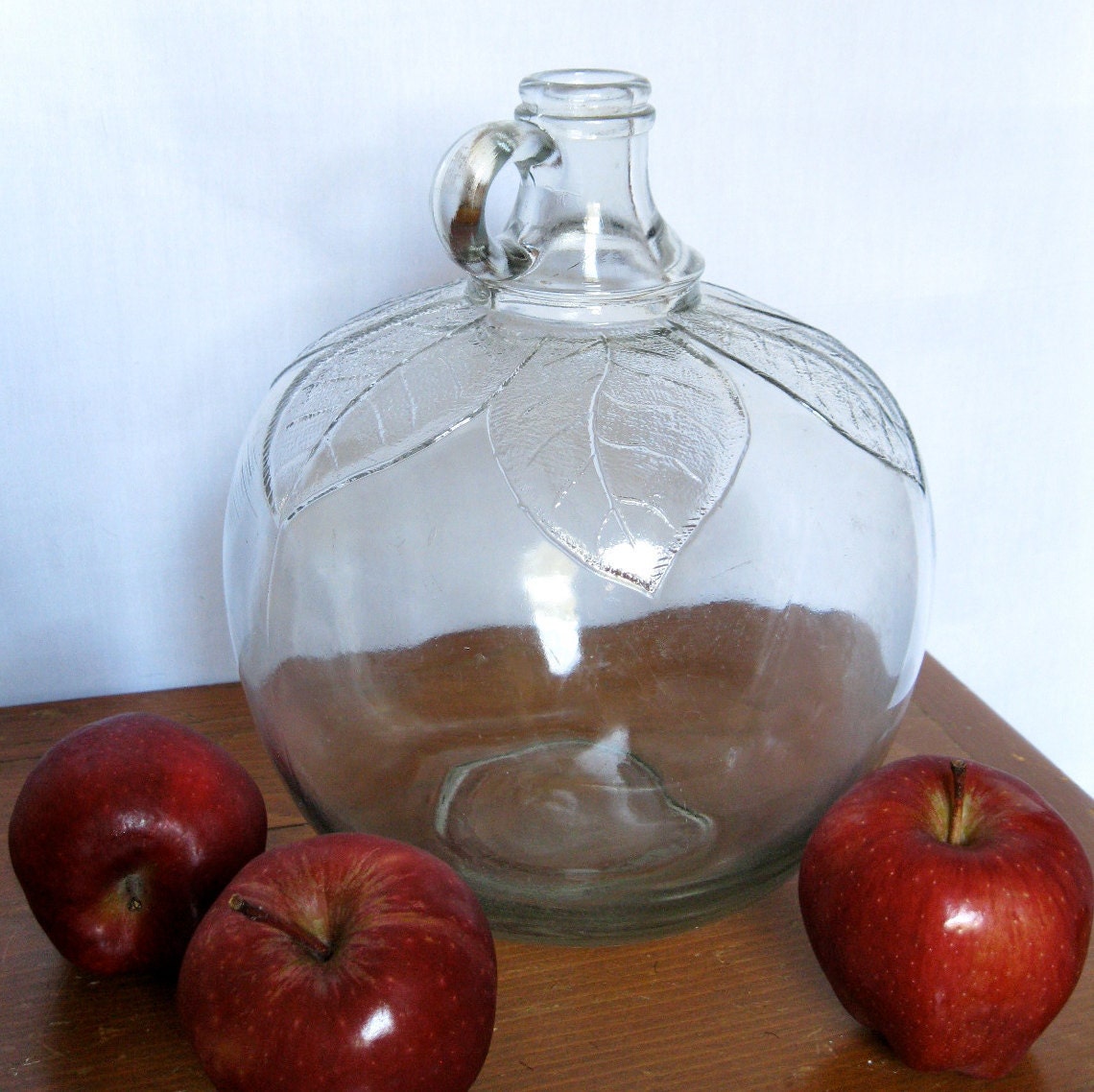 Apple Cider Jug Embossed Leaves Vintage Clear Glass HOLIDAY