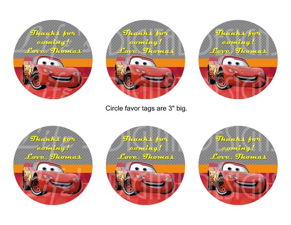 Items similar to Disney Cars 3" Round Favor Tags, Stickers, Gift Bag ...