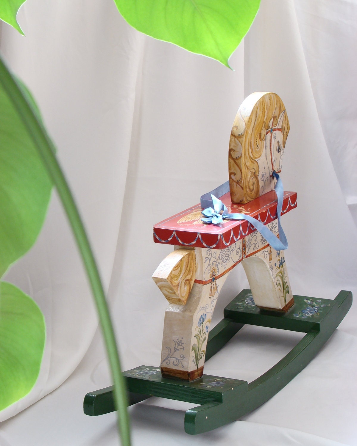 White horse painted by hand vintage wooden rocking horse