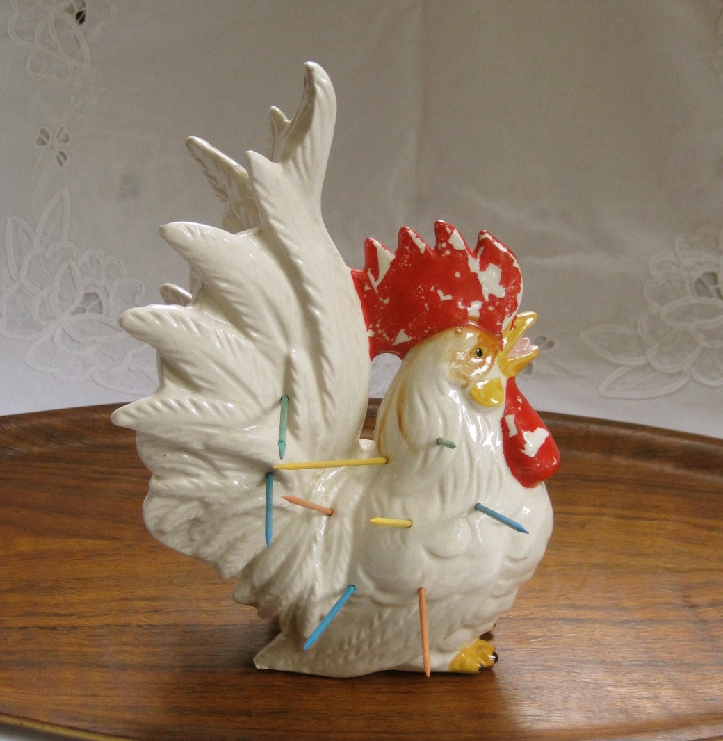 Vintage ceramic rooster toothpick holder by RedAshRedux on Etsy