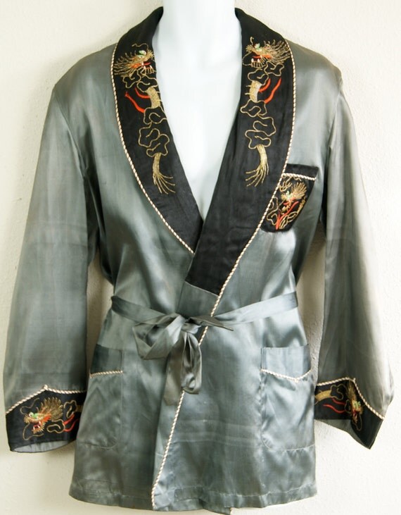 40s Smoking Jacket Asian Dragon Metallic Thread M Rare