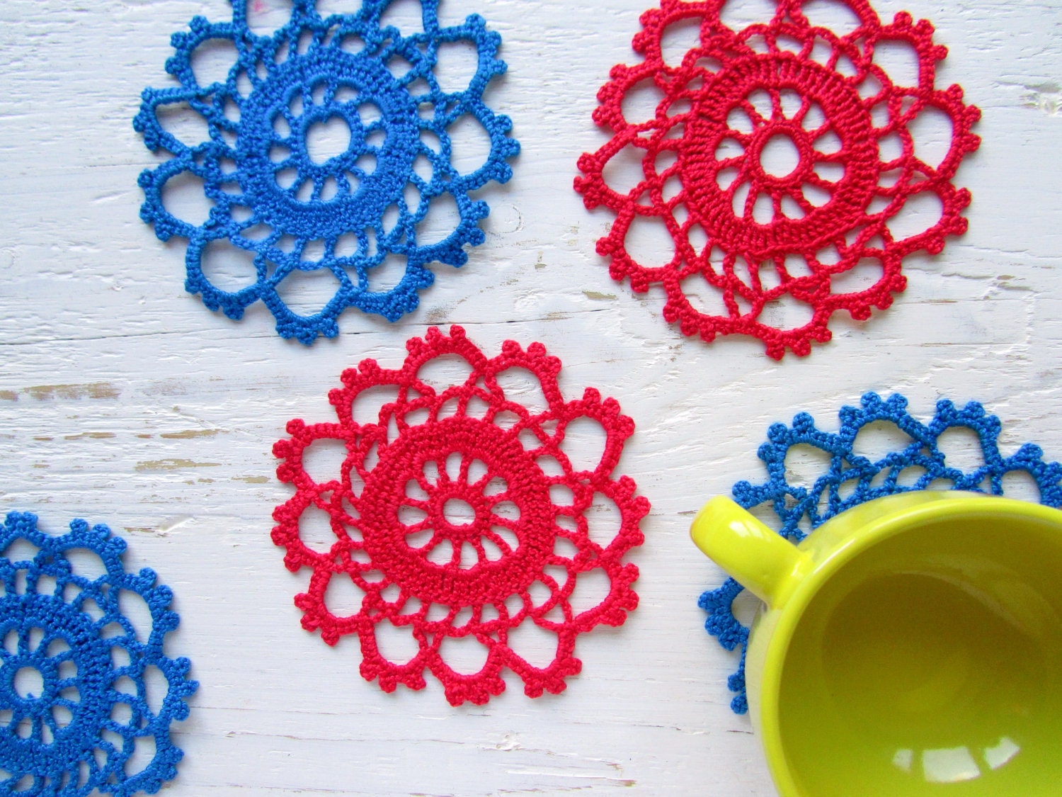 Crochet Bright Red and Blue Tea Cup Coaster set