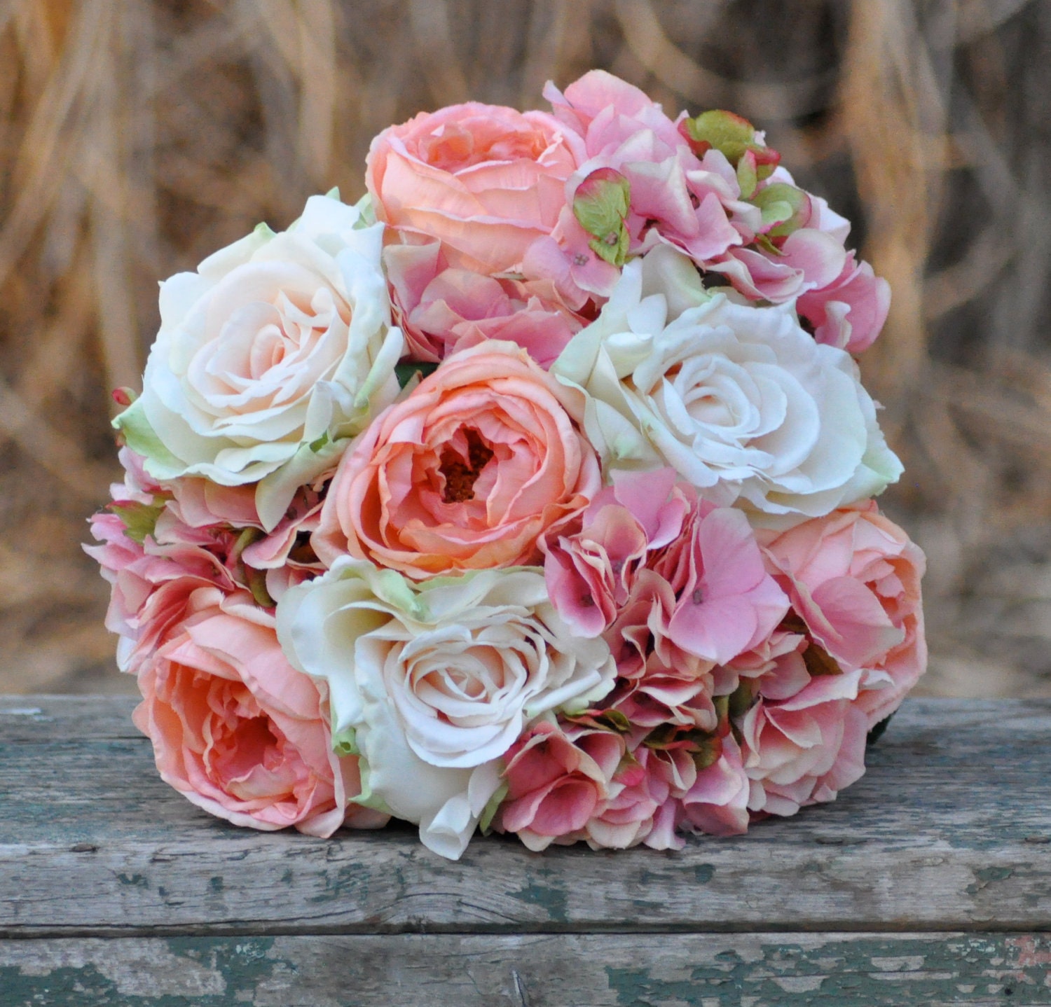 Coral rose blush rose and pink hydrangea wedding bouquet made