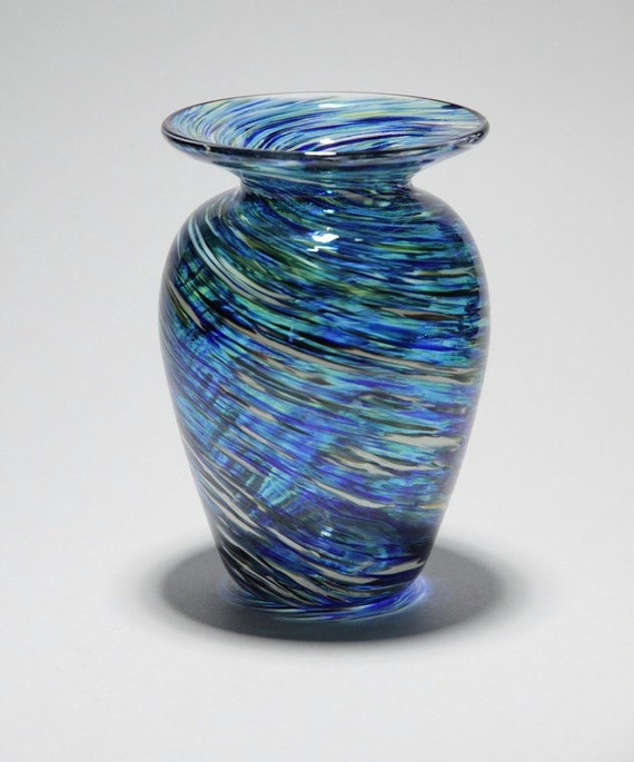 Hand-Blown Blue / Green / White Swirl Glass Vase