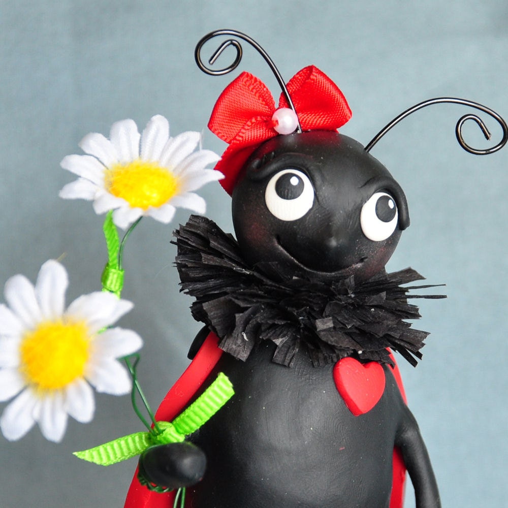 Ladybug Figurine with Daisies Polymer Clay