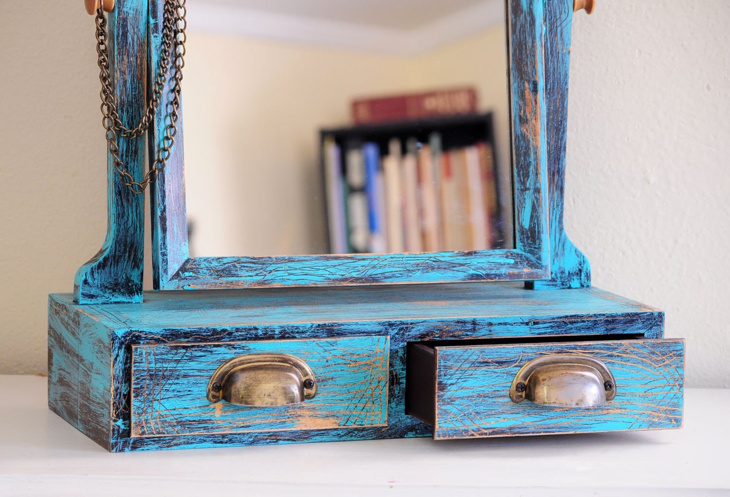 Wooden Vanity Mirror with drawers in Robins Egg Blue