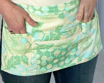 Lotsa Pockets Apron, Waitress Apron, Vendor Half Apron with zipper pocket - Green Poppies (OOP Amy Butler fabric), made-to-order in 2 sizes