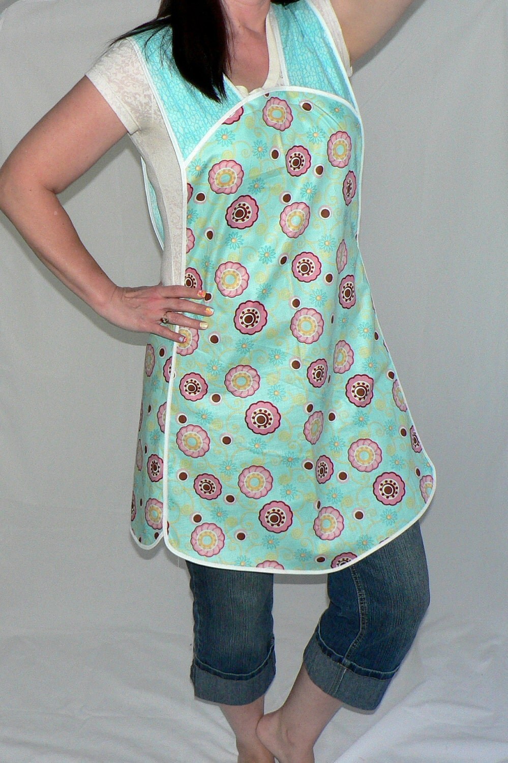 Retro Plus Size Smock Apron Aqua Blossoms