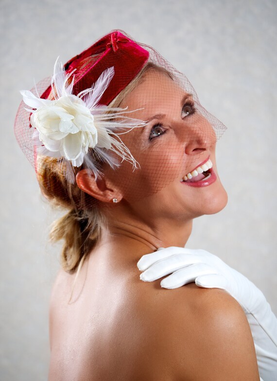 Red Ivory Wedding Hat Birdcage Veil Bridal hat Wedding