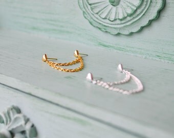 Heart Chain Double Pierce Cartilage Earring (Set of 2)