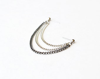 Silver and Black Triple Chain Double Pierce Cartilage Earring (Single-Side)