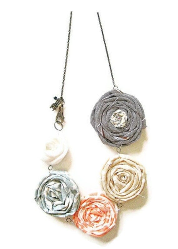 Fabric Flower Rosette Necklace Soft Coral by VintageOoakDesigns