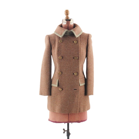 Vintage 1960's Rust HOUNDSTOOTH Military Modern Coat