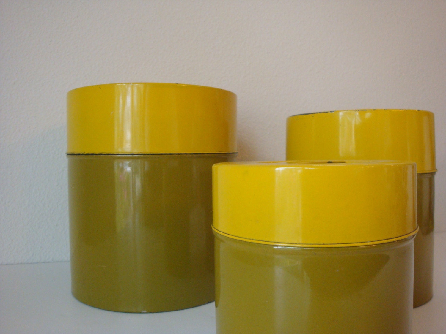 Tin Kitchen Canisters Vintage Olive Green and Mustard Yellow