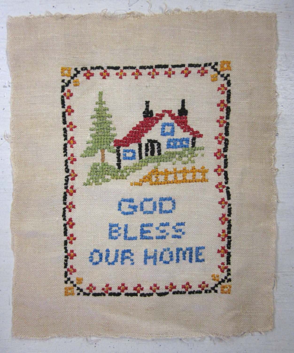 God Bless Our Home Cross Stitch Religious Vintage Embroidered