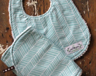 Baby Bib & Burp Cloth Set - Aqua Herringbone OR Navy Herringbone - Gender Neutral