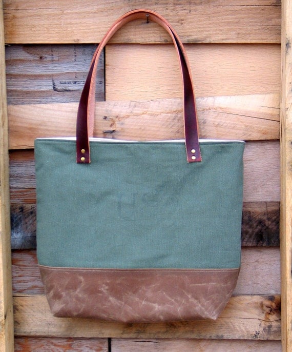 Recycled Army Canvas Tote with Leather Handles and Waxed
