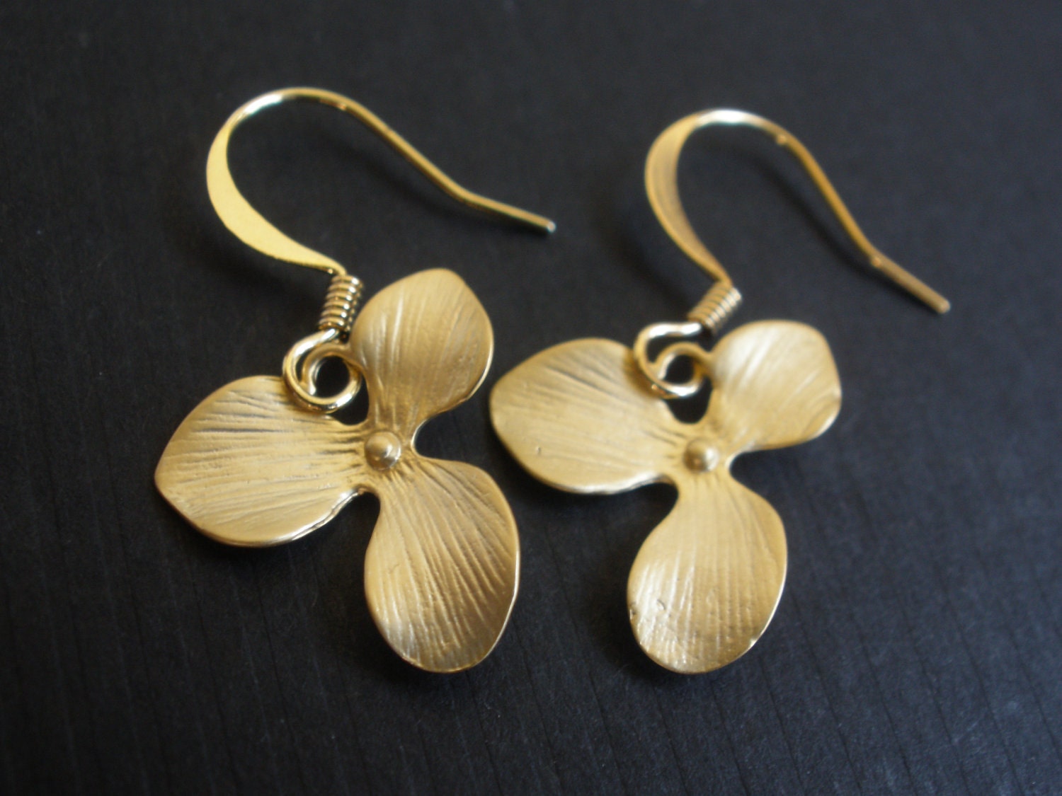 Gold Orchid Earrings Flower Earrings Triple Petal Matte