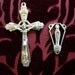 Vintage Pair Large Ornate Silvertone Cross and Open Work Miraculous Medal Rosary Center with figure of Mary, rosary supplies