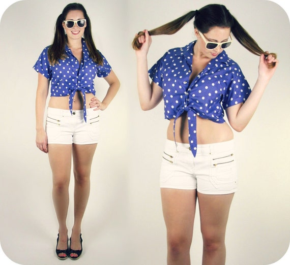 Items similar to Polka Dot Blue Pin Up Girl Crop Top Tie Shirt Medium ...