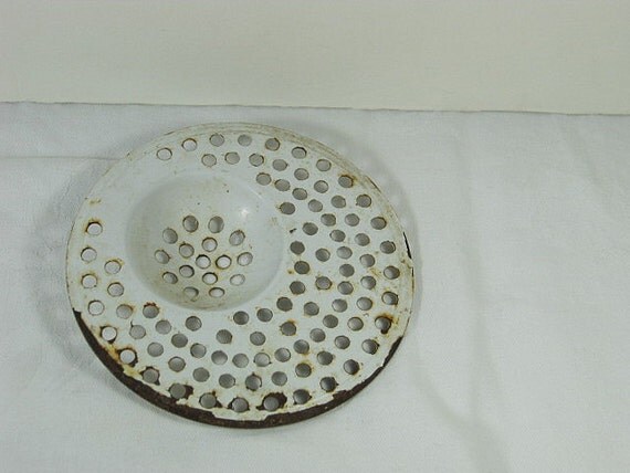 ... Vintage ENAMEL Kitchen Sink STRAINER White Drain Cover Farm Rustic