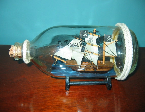 THREE MASTED PIRATE Ship in a Bottle St. Thomas Virgin