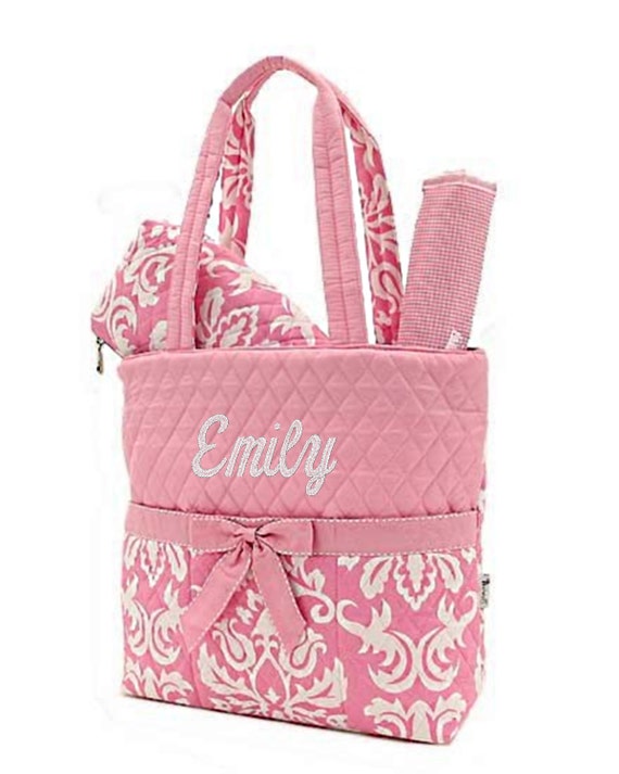 Items similar to Personalized Baby Girl Diaper Bag Set - Pink Damask Monogrammed FREE on Etsy